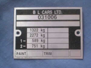 MGB R/B SQUARE CHASSIS PLATE BL CARS LTD BHH2417