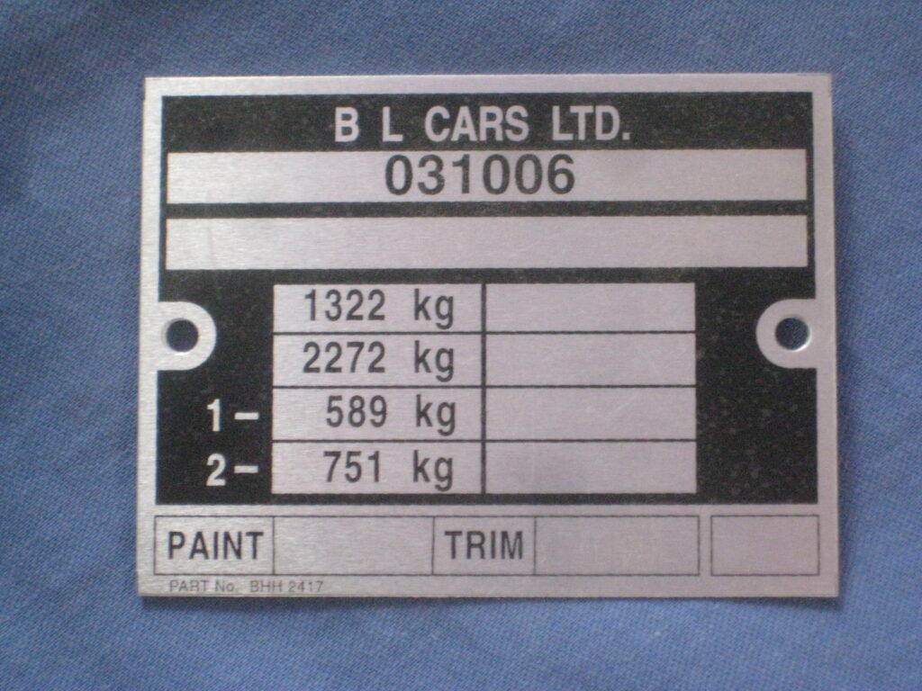 MGB R/B SQUARE CHASSIS PLATE BL CARS LTD BHH2417